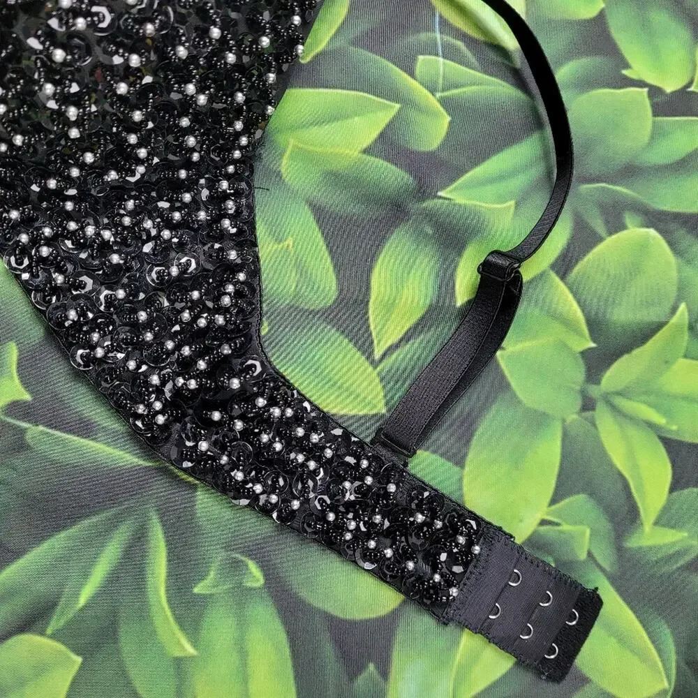 Double Platinum Performancewear Black Beaded Sequin Pearl Bra Dance Top size XS